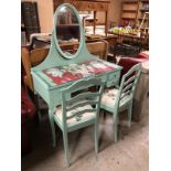 GREEN PAINTED GLASS TOP DRESSER WITH OVAL MIRROR AND BRASS FITTINGS ON CABRIOLE LEGS GOOD