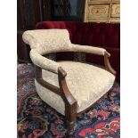 VICTORIAN UPHOLSTERED BOW BACK NURSING CHAIR WITH CARVED FOLIAGE DETAILS IN VERY GOOD CONDITION H