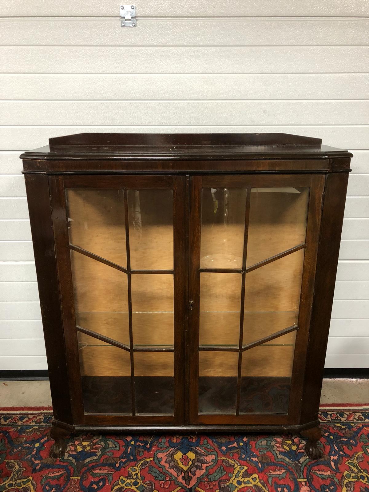 DECO STYLE GLAZED CABINET ON CLAW AND BALL FEET MISSING A SHELF H X 125 D X 31 W X 106 CM