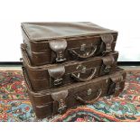 SET OF THREE VINTAGE BROWN LEATHER TYPE SUITCASES MEASUREMENTS: H X 20 D X 55 W X 75 CM