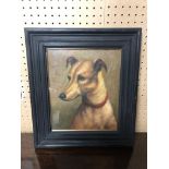 AN EBONIZED FRAMED OIL PAINTING STUDY OF A DOG LURCHER