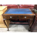 SMALL MAHOGANY WRITING DESK WITH 2 DRAWERS ON CABRIOLE LEGS LATE VICTORIAN GOOD CONDITION H X 77 D X