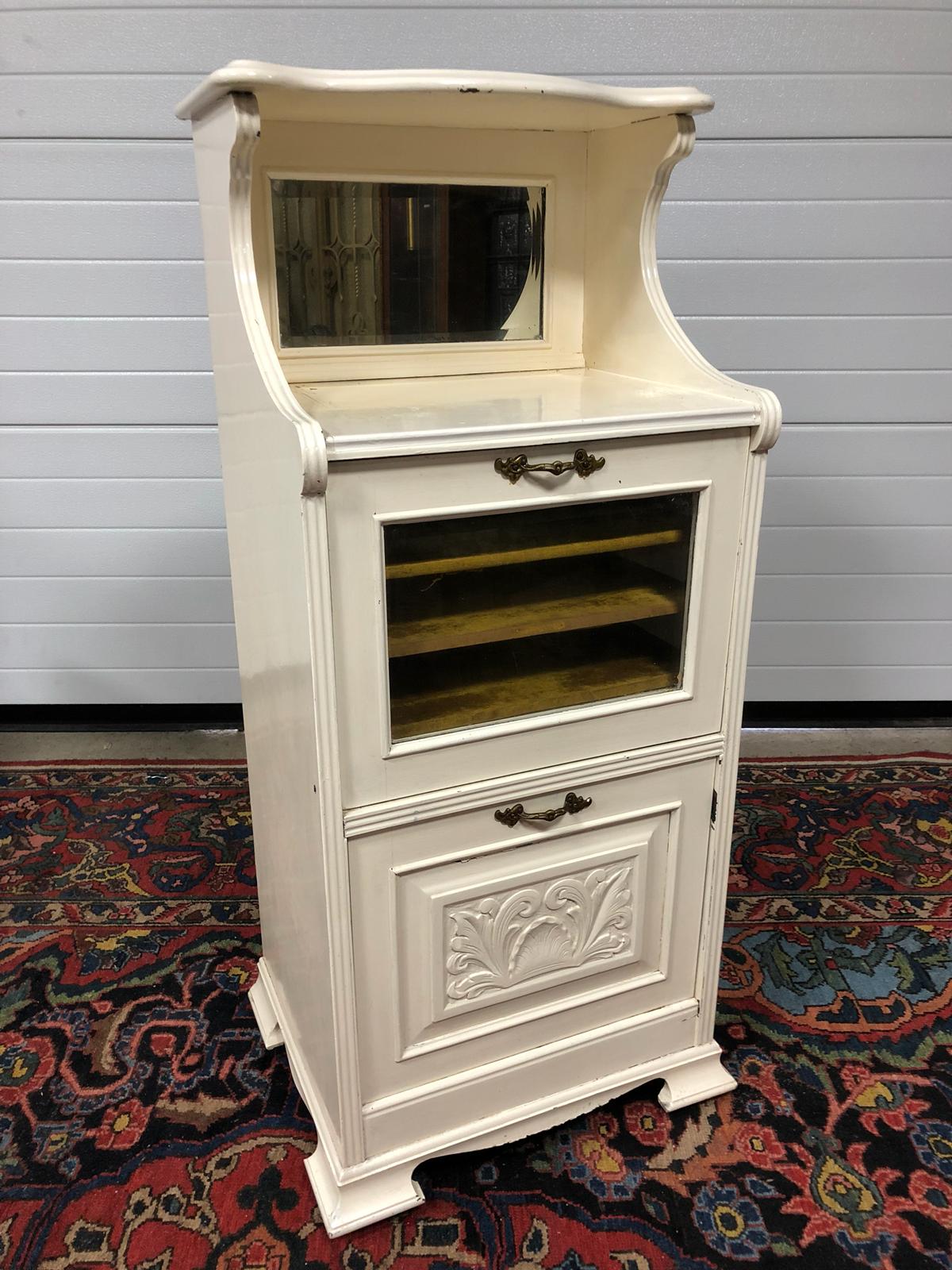 VICTORIAN CARVED IVORY PAINTED SHEET MUSIC CUPBOARD WITH BEVELLED EDGE MIRROR RAINED ON PLINTH AND