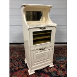 VICTORIAN CARVED IVORY PAINTED SHEET MUSIC CUPBOARD WITH BEVELLED EDGE MIRROR RAINED ON PLINTH AND