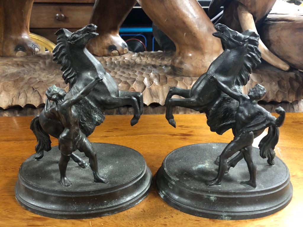 PAIR OF SPELTER CAST BRONZE AFFECT LEAPING HORSES AND FIGURES, FIXED ON PLINTHS MEASUREMENTS: H X 22 - Image 2 of 2