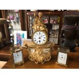 JOB LOT OF 3 CLOCKS INCLUDING ONE DECORATIVE FRENCH GILDED MANTLE CLOCK WITH FIGURE, ONE MAPPIN