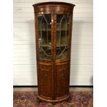 VICTORIAN TWO PIECE CORNER CABINET FINISHED IN GUILTED MAHOGANY VENEER, WITH DECORATIVE HAND PAINTED