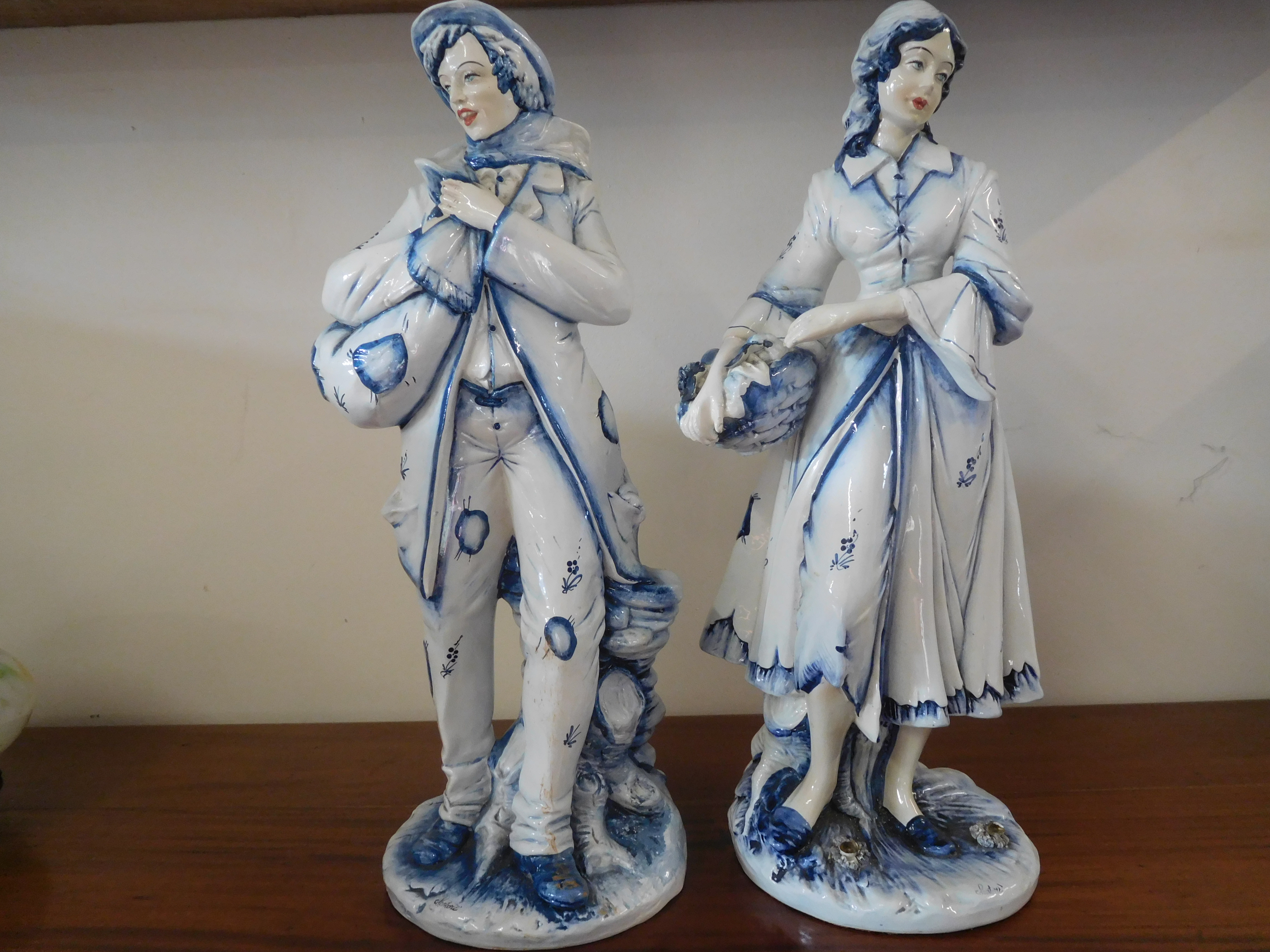 PAIR OF LARGE BLUE AND WHITE PORCELAIN FIGURES SIGNED SATORI