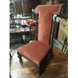 MAHOGANY BARLEY TWIST BACK UPHOLSTERED PRAYER CHAIR ON CARVED FEET