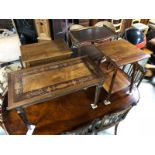 JOB LOT OF FOUR ANTIQUE STYLE WALNUT TYPE HARDWOOD SIDE TABLES WITH VARIOUS CARVINGS AND MARQUETRY