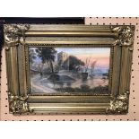 19TH CENTURY WATERCOLOUR COASTAL SCENE WITH FISHING BOATS IN ORNATE GILT FRAME