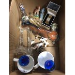 JOB LOT OF MIXED PORCELAIN ORNAMENTS, GLASS CANDLESTICKS, TALLIS GOLD EFFECT WATCH IN BOX, AND