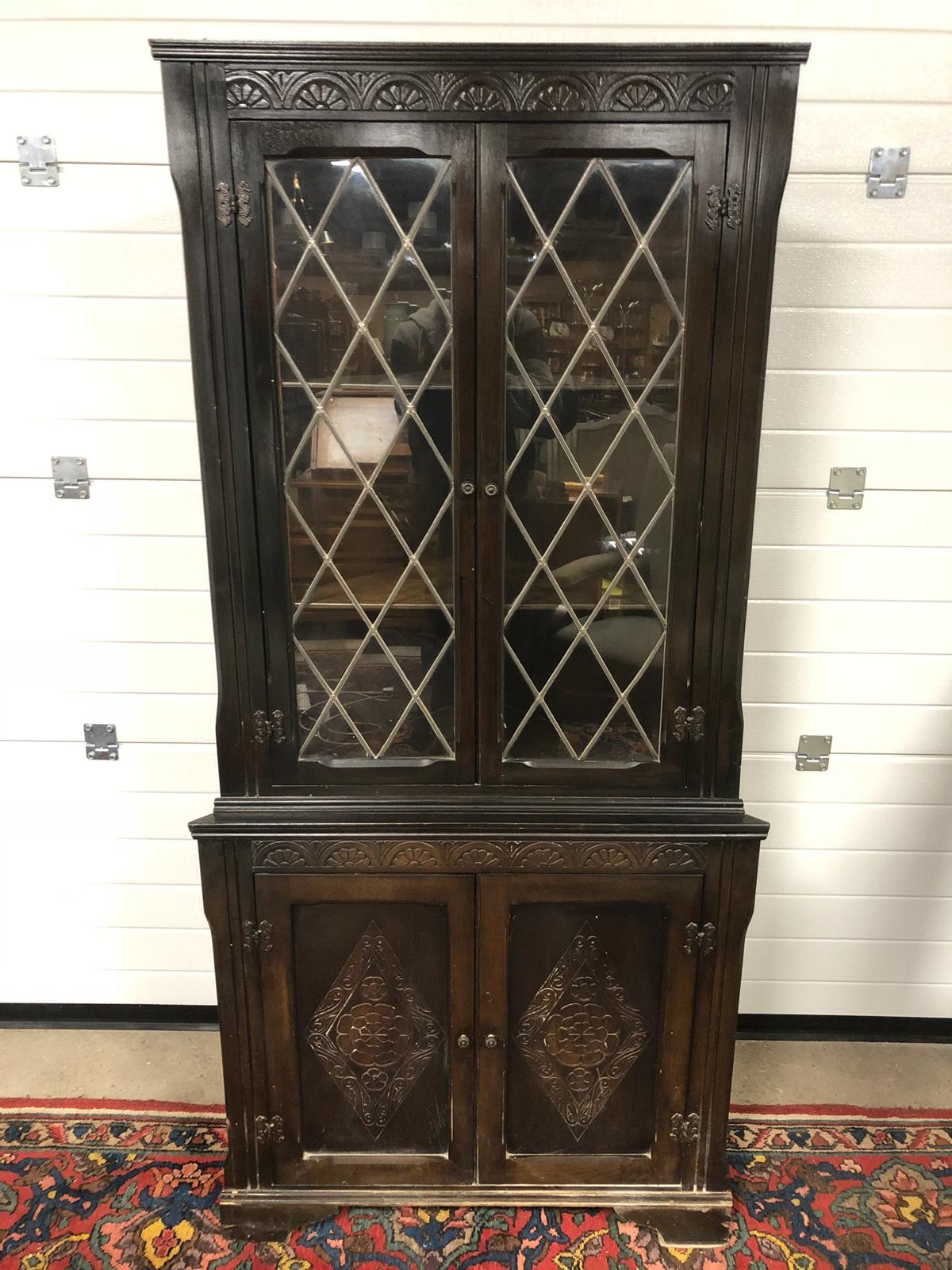 VINTAGE LEAD LINED GLAZED CORNER CABINET WITH CARVED FLORAL DETAILS MEASUREMENTS: H X 174.5 D X 44.5