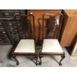 VICTORIAN QUEEN ANNE STYLE PAIR OF HIGH BACK UPHOLSTERED DROP IN SEAT DINING HALL CHAIRS