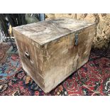 MID 20TH CENTURY PLYWOOD TRAVELLING TRUNK ON WHEELS, STAMPED, VALENTINO H X 74 D X 61 W X 92 CM