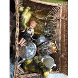 PICNIC BASKET CONTAINING GLASSWARE, CHINA AND SOME METAL ITEMS