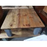 SQUARE COFFEE TABLE HANDMADE FROM RECLAIMED PINE WITH PAINTED LIGHT GREY BASE H X 39.5 D X 90 W X