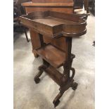 SMALL EARLY 20TH CENTURY MAHOGANY 3 TIER TABLE RAISED ON BRASS CASTORS H X 73 D X 31 W X 51