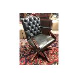 NORWEGIAN CHESTERFIELD STYLE GREEN CAPTAINS SWIVEL CHAIR WORN ARMS