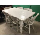 OLD WHITE PAINTED FARMHOUSE STYLE WITH TURNED LEGS, WITH MATCHING SET OF 6 SLAPBACK CHAIRS H X 78