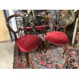 PAIR OF BALLOON BACK RED VELVET UPHOLSTERED QUEEN ANNE STYLE CHAIRS