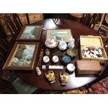 JOB LOT OF MISC FRAMES TEA POTS MATCH BOXES ETC