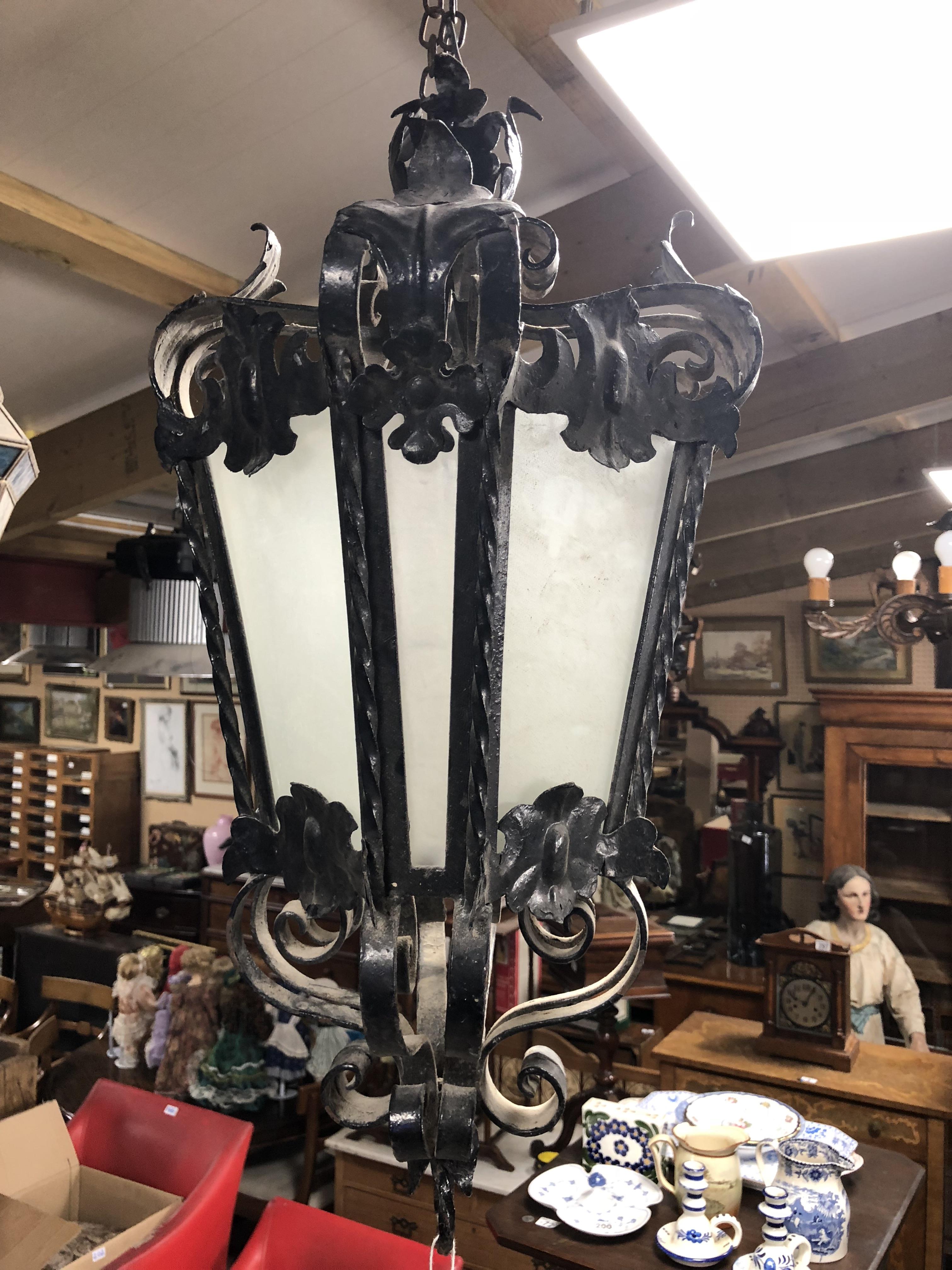 ANTIQUE ROCCOCO STYLE LANTERN WROUGHT IRON WITH OPAQUE GLASS PANELS GOOD CONDITION, 1 PANE MISSING H