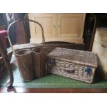 VINTAGE WOVEN CANE PICNIC HAMPER WITH ADDITIONAL WINE CARRIER