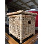 SQUARE WOVEN CASE LAUNDRY BASKET WITH LEATHER HINGED LID H X 43 D X 44 W X 44 CM