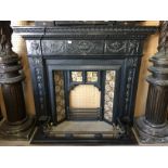 VICTORIAN CAST IRON FIRE PLACE, COMPLETE WITH TRANSFER PRINTED TILES AND DECORATIVE SURROUND