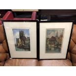 PAIR OF DUTCH HARD COLOURED ENGRAVED PRINTS OF SCENES FROM HOLLAND. SIGNED