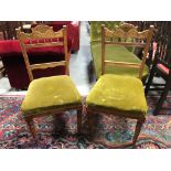 PAIR OF ANTIQUE CARVED GREEN UPHOLSTERED HALL CHAIRS