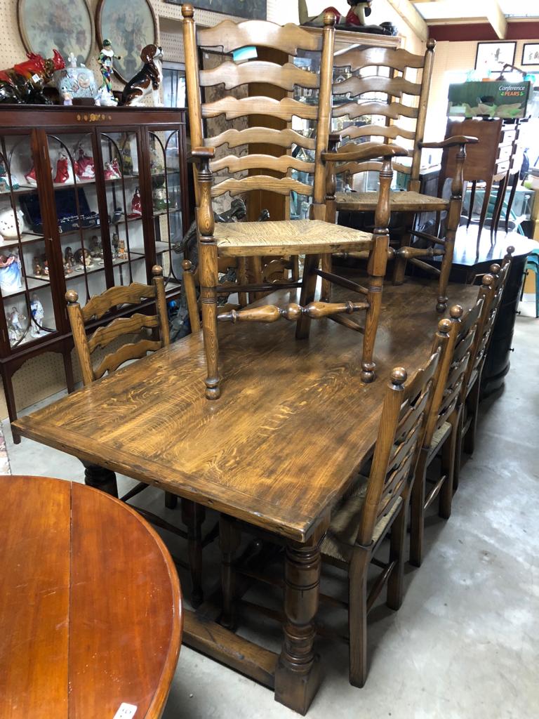 SOLID OAK REFECTORY STYLE TABLE WITH QUARTER SAWN TOP AND TURNED LEGS WITH SET OF SIX OAK RUSH