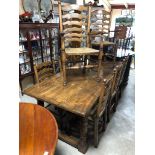 SOLID OAK REFECTORY STYLE TABLE WITH QUARTER SAWN TOP AND TURNED LEGS WITH SET OF SIX OAK RUSH