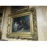 AN 18TH CENTURY OIL ON PANEL. INTERIOR SCENE WITH FAMILY GROUP DECORATIVE GILT FRAME (56CM X 45CM