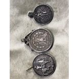 THREE WHITE METAL COINS TO HANG ON CHAINS. BRITISH 1914 - 1918. AMERICAN 1899 ONE DOLLAR COIN