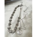 AN UNUSUAL SILVER NECKLACE ADJUSTABLE LENGTH AND SILVER ST CHRISTOPHER AND CHAIN