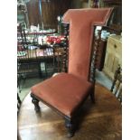 VICTORIAN MAHOGANY RED VELVET NURSING CHAIR, BARLEY TWIST SIDES AND TURNED AND CARVED LEGS VERY GOOD