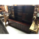 LATE 20TH CENTURY MAHOGANY TWO TIER DISPLAY CABINET WITH GLAZED SECTION, OPEN SHELVES DROP DOWN DESK