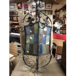 VINTAGE MOROCCAN LANTERN WROUGHT IRON SCROLL WORK AND COLOURED LEADED GLASS GOOD 2 CRACKED PANELS