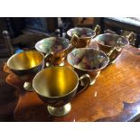 JOB LOT OF SIZ SMALL ROYAL WORCESTER TEA CUPS, GOLD WITH PAINTED FRUIT ARRANGEMENTS VERY GOOD