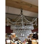 PAIR OF FRENCH 5 TIER BRASS RING CUT GLASS CHANDELIERS