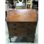 ANTIQUE ROSEWOOD WRITING BUREAU RASIED ON CABRIOLE FEET WITH ORIGINAL DECORATIVE BRASS HANDLES