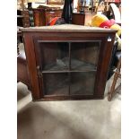 VICTORIAN MAHOGANY CORNER CABINET WITH 4 GLAZED PANELS AND WOODEN BEADINGS GOOD CONDITION H X 88 D X