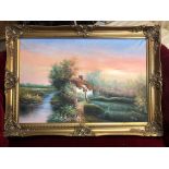 OIL ON CANVAS OF COTTAGE AND STREAM SIGNED BRIGG, IN GILTWOOD FRAME GOOD CONDITION H X 76 W X 107 CM