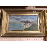 VICTORIAN OIL ON CANVAS - LIGHTHOUSE ON CLIFF