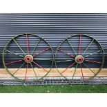 ANTIQUE PAIR OF LARGE WOODEN CAST IRON BOUND COACH / CART WHEELS DIAMETER 136CM