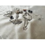 A JOB LOT CONSISITING OF : 2 PAIRS OF SILVER EARRINGS 2 SILVER CHAINS 2 PENDANTS 1 BADGE 1 HEART