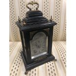 ANTIQUE GERMAN EBONY AFFECT MANTLE CLOCK MOVEMENT SIGNED LENZKIRCHAUG WITH GLASS FINIAL'S AND