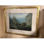 WATER COLOUR OF TWO STAGS FIGHTING IN SCOTTISH HIGHLANDS SIGNED IN GUILTWOOD FRAME CIRCA 1880'S J.